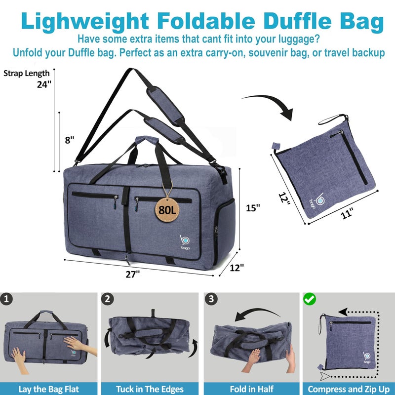 Bago Large Foldable Duffel Bags for Traveling Women & Men - 80L Packable Duffle Bag for Travel with Shoe Compartment - Water Repellant, Heavy Duty, Lightweight Folding & Collapsible (SnowBlack) - Image 3